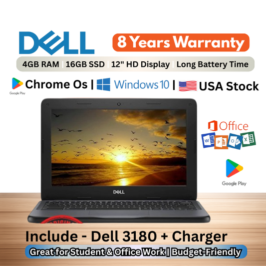 Dell 3180 Chromebook – 4GB RAM | 16GB SSD , 128GB SD Storage, Lightweight Laptop for Students, Online Classes & Office Work